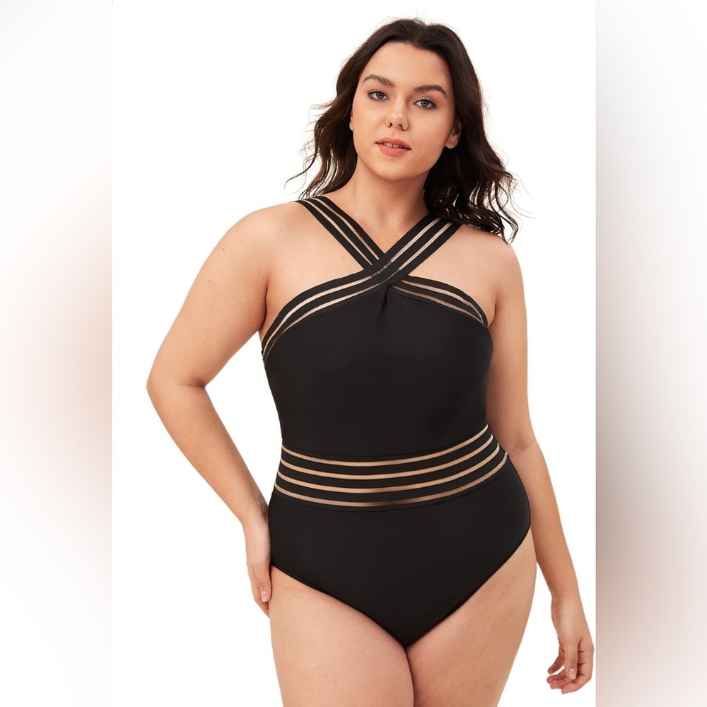 Women Plus Size Crisscross Mesh Halter One Piece Swimsuit Monokini Black 20W NWT